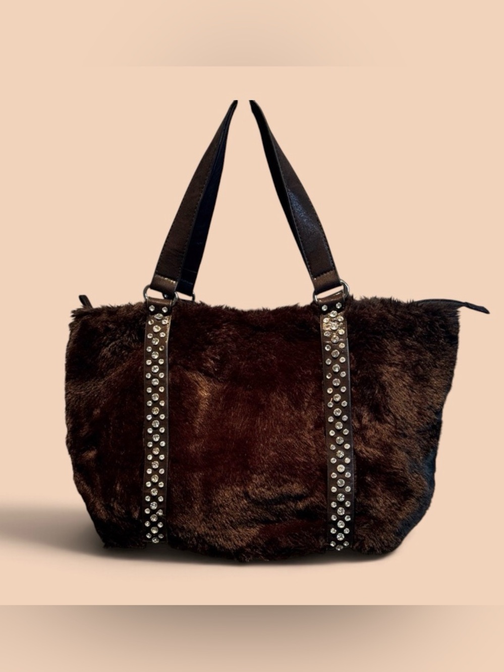 Black Faux Fur Tote Bag with Studded Straps
